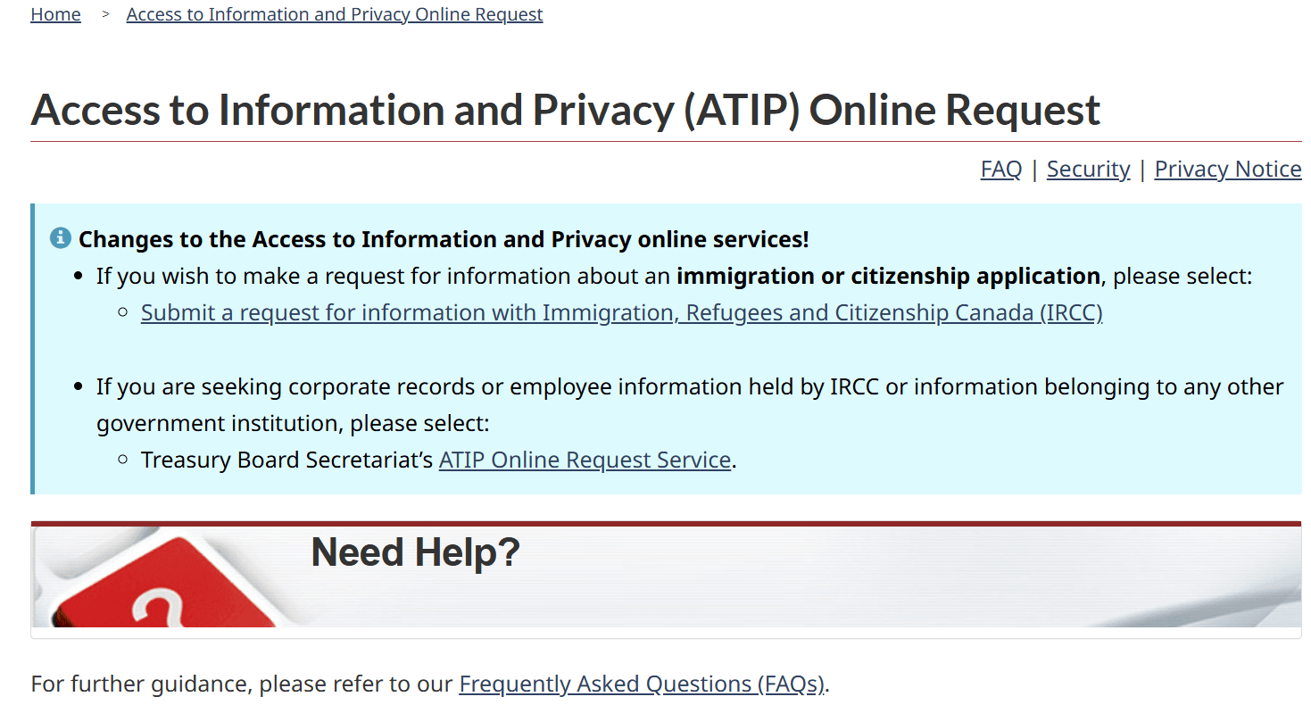 The Access to Information and Privacy Online Request welcome page with a link to submit a request with IRCC.