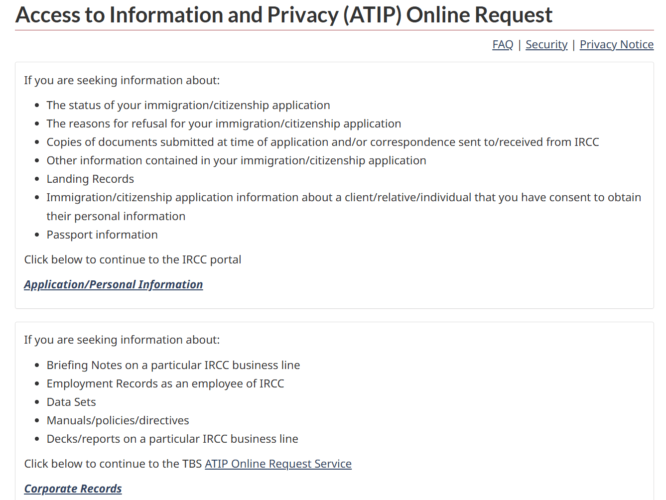 A page offering two choices: Application/Personal Information for refusal reasons, or Corporate Records.
