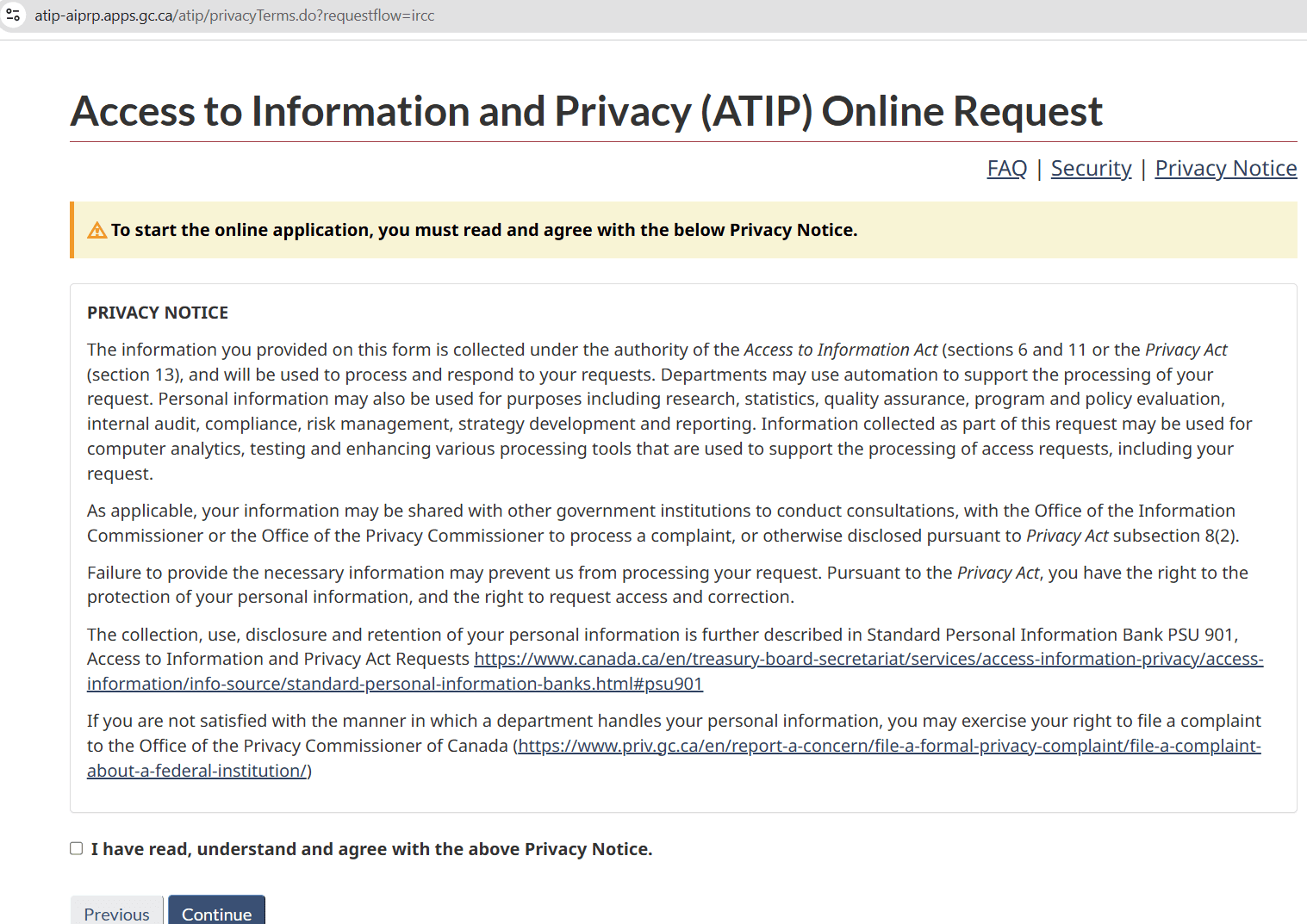 The ATIP privacy notice page with a checkbox saying I have read, understand and agree.