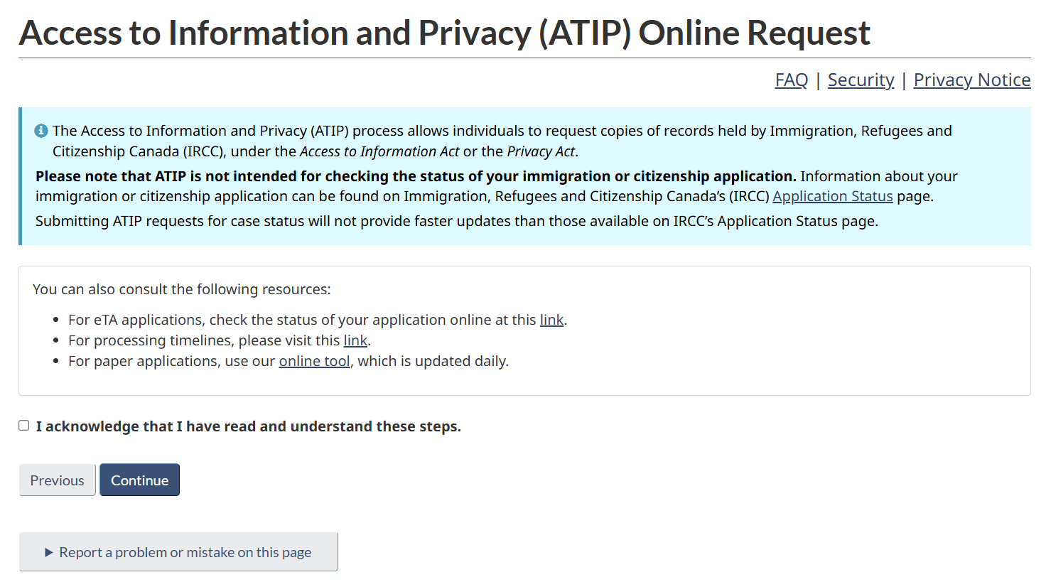 A notice explaining ATIP is not for checking application status, with an acknowledgement checkbox.