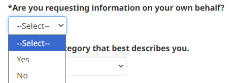 A dropdown asking Are you requesting information on your own behalf, with Yes and No options.