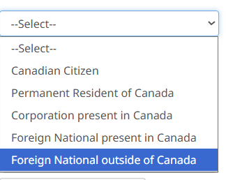 A dropdown with options including Canadian Citizen, Permanent Resident, and Foreign National outside of Canada highlighted.