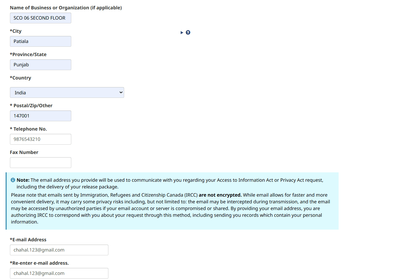 Form fields for city, province, country, postal code, telephone number and email address.