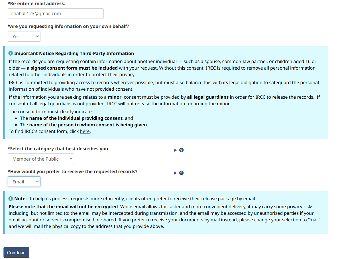 Fields for selecting requester category as Member of the Public and delivery preference as Email.