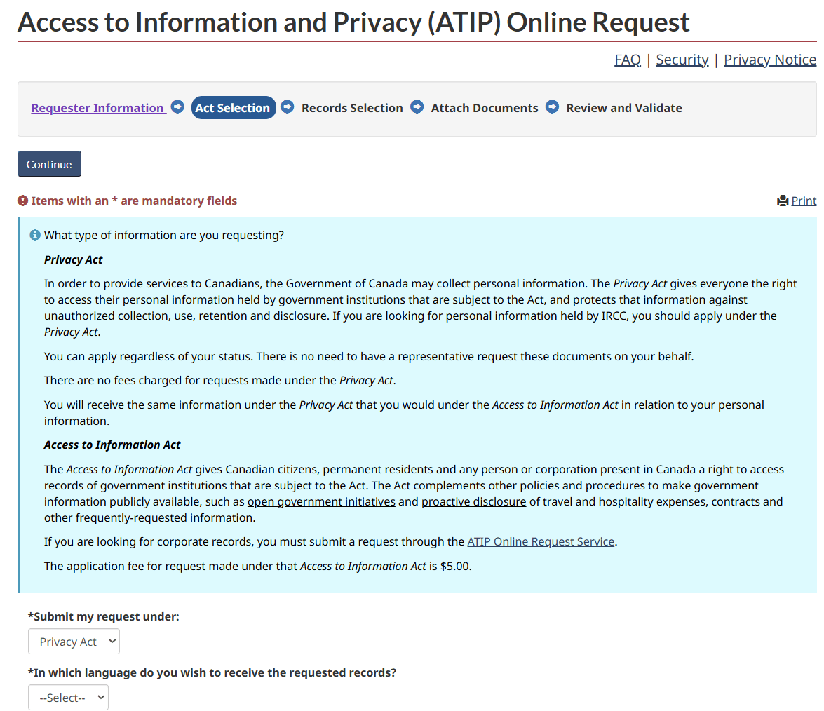 IRCC ATIP portal Act Selection page stating that you can apply regardless of status, that no representative is needed, and that there are no fees under the Privacy Act.
