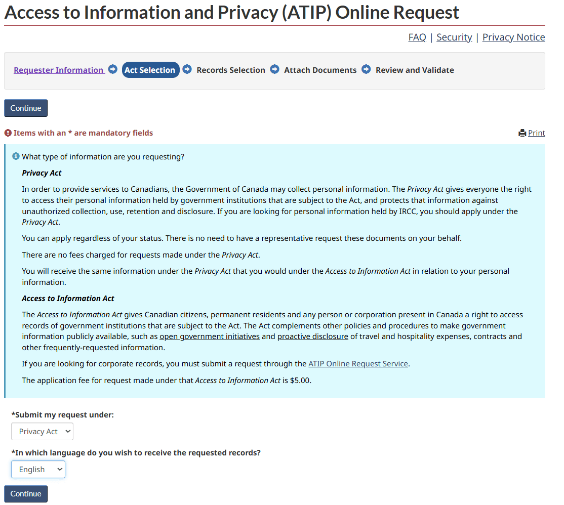 The Act Selection page with Privacy Act selected and language of records set to English.