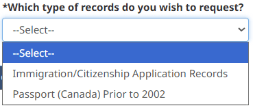 A dropdown with two options: Immigration/Citizenship Application Records, and Passport (Canada) Prior to 2002.