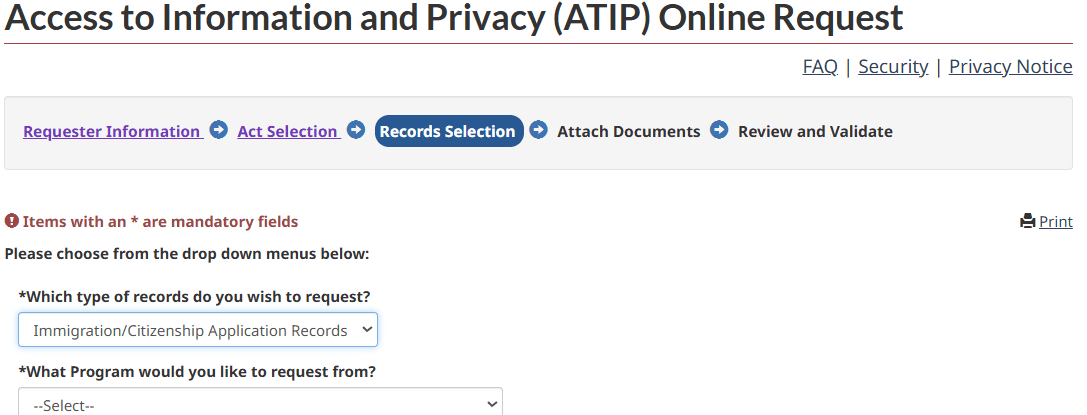 The Records Selection page showing Immigration/Citizenship Application Records selected.