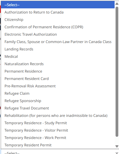 A long dropdown listing programs such as Temporary Residence Study Permit, Visitor Permit and Work Permit.
