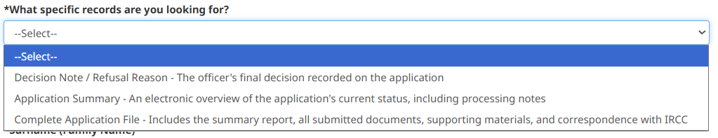 A dropdown with three options: Decision Note / Refusal Reason, Application Summary, and Complete Application File.