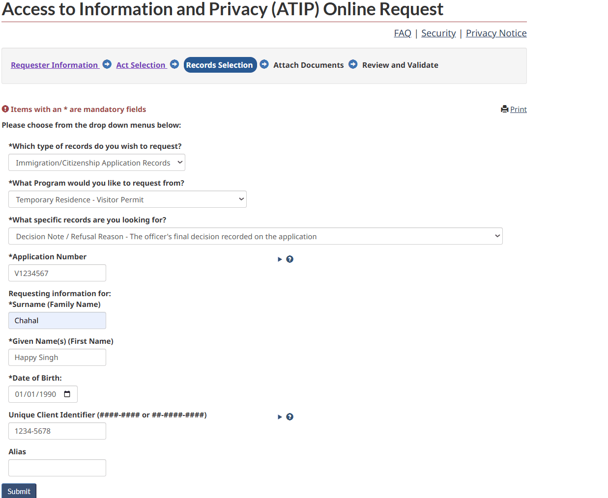 Form fields for application number, surname, given names, date of birth and Unique Client Identifier.