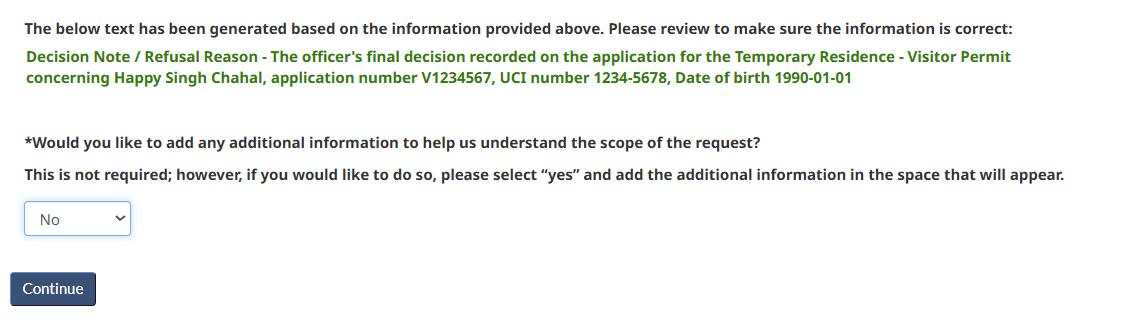 A green summary sentence generated from the entered details, with a dropdown asking whether to add extra information.