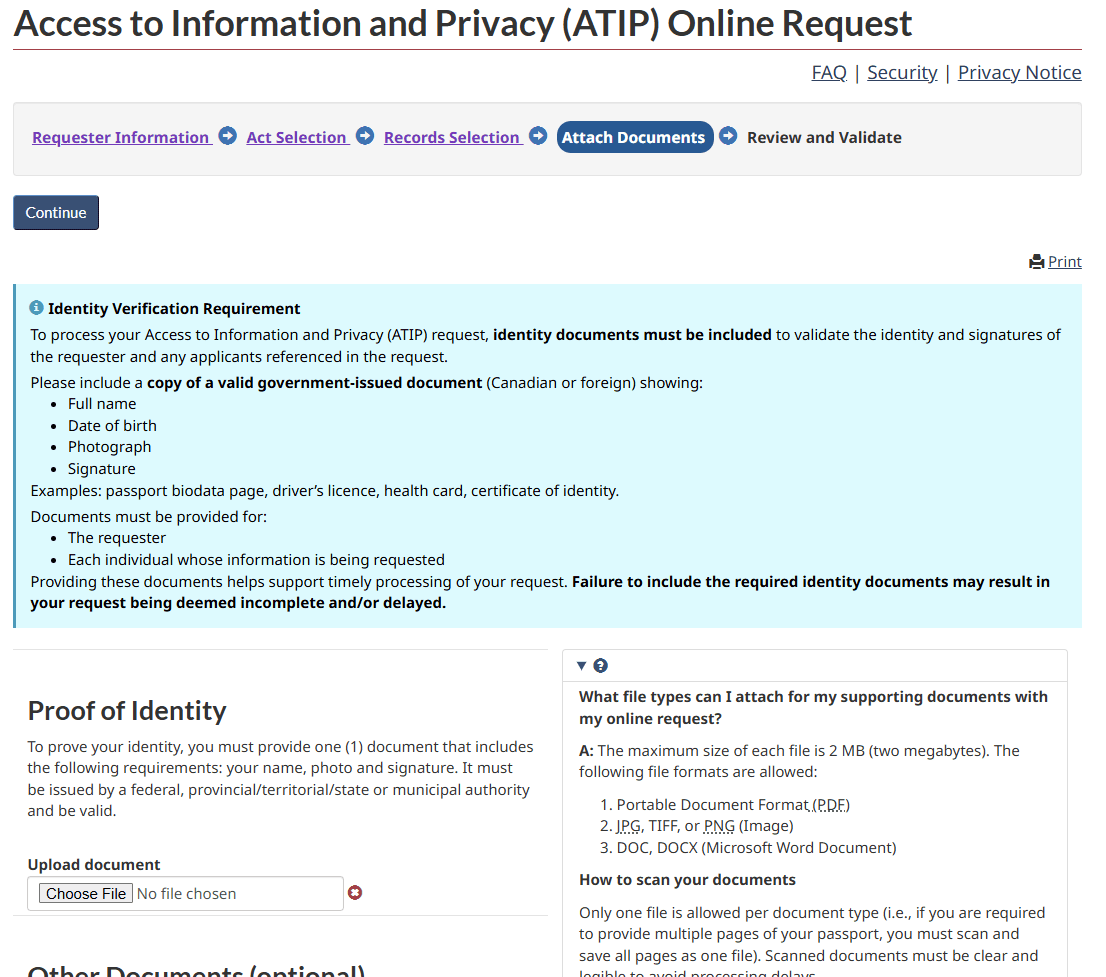 The Attach Documents page explaining that a government-issued identity document showing name, date of birth, photograph and signature is required.