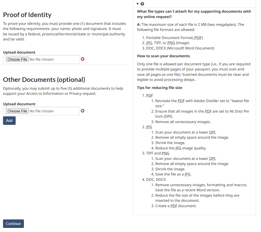 Upload fields for Proof of Identity and up to five optional other documents, with file size guidance.