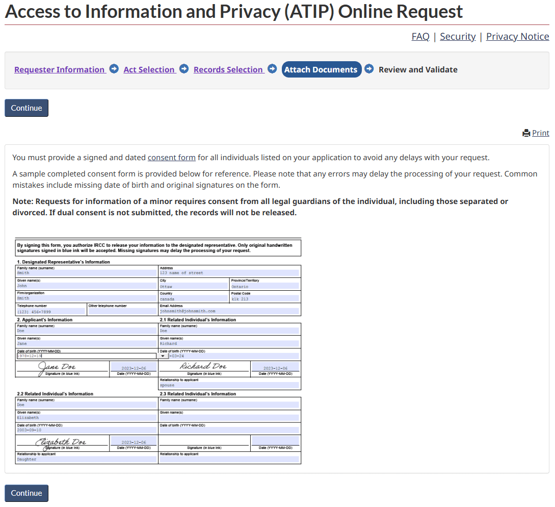 The consent form guidance page showing a filled sample of the IMM 5744 consent form.