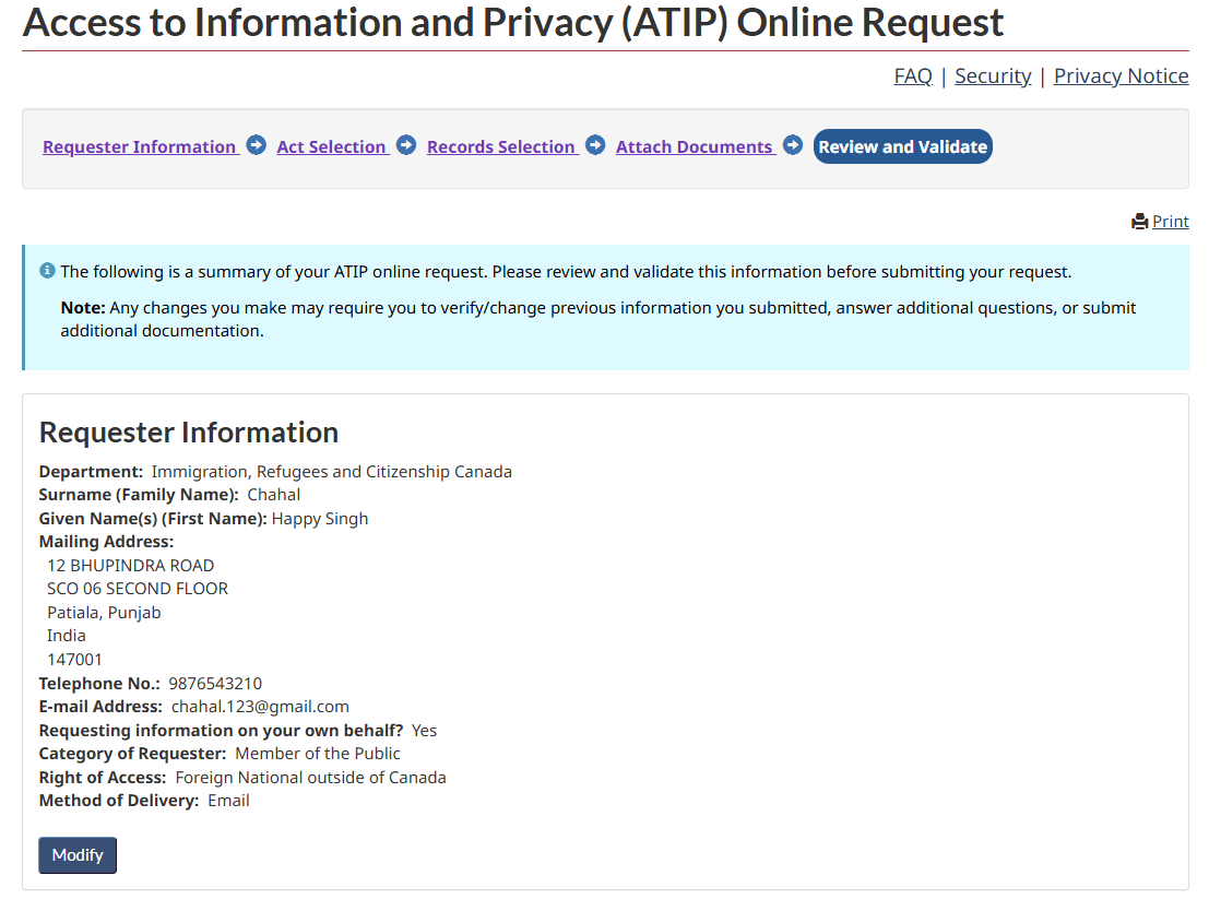 The Review and Validate page showing a summary of the requester information entered.