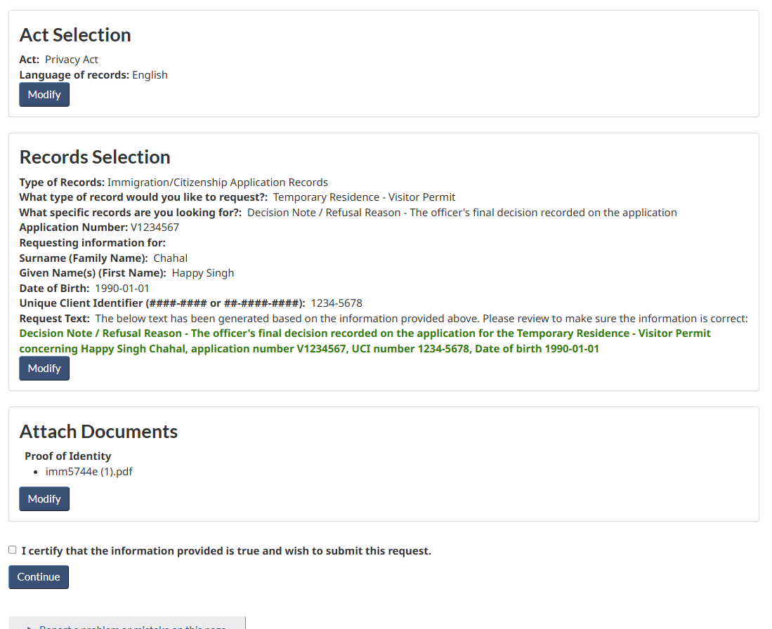 The review page showing Act Selection as Privacy Act and the records selection summary.