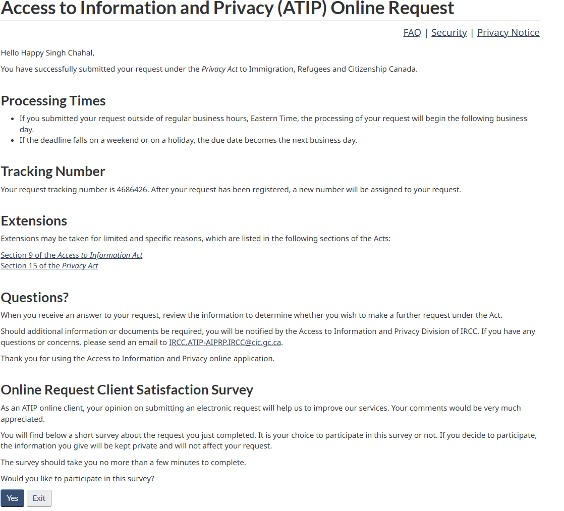The confirmation page showing successful submission under the Privacy Act and a request tracking number.